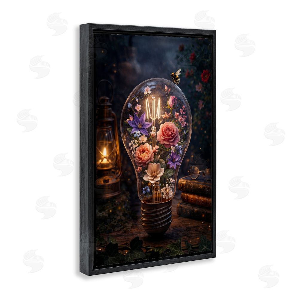 Sean McKinney Blooming Flowers in Light Bulb Black Floating Frame Canvas Wall Art Print