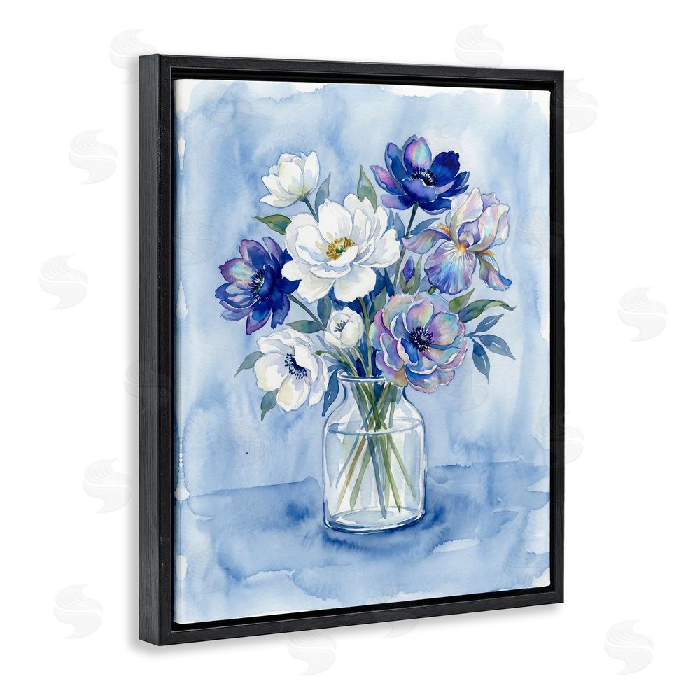 Imagine It Images Blue & White Arrangement of Flowers Black Floating Frame Canvas Wall Art Print