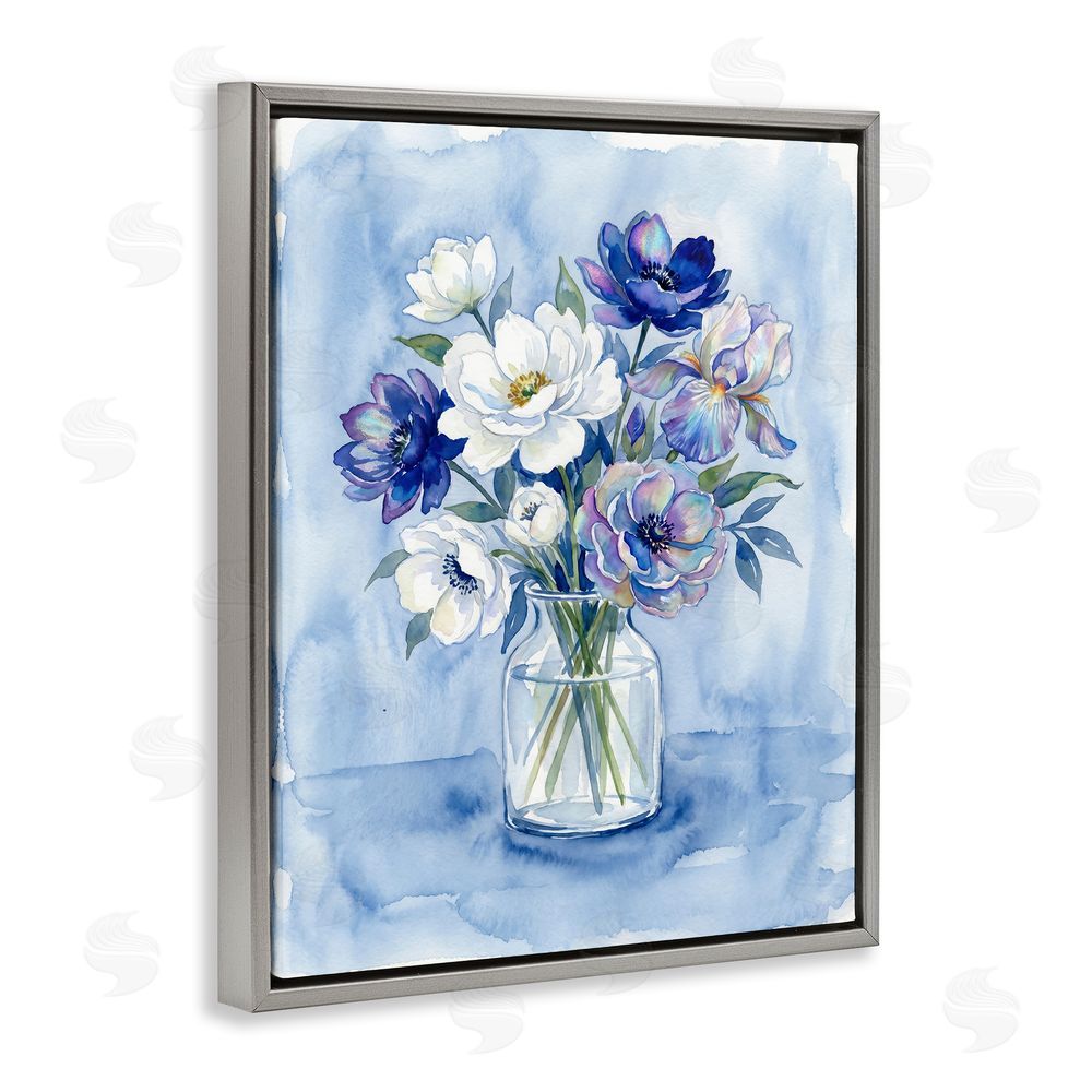 Imagine It Images Blue & White Arrangement of Flowers Gray Floating Frame Canvas Wall Art Print