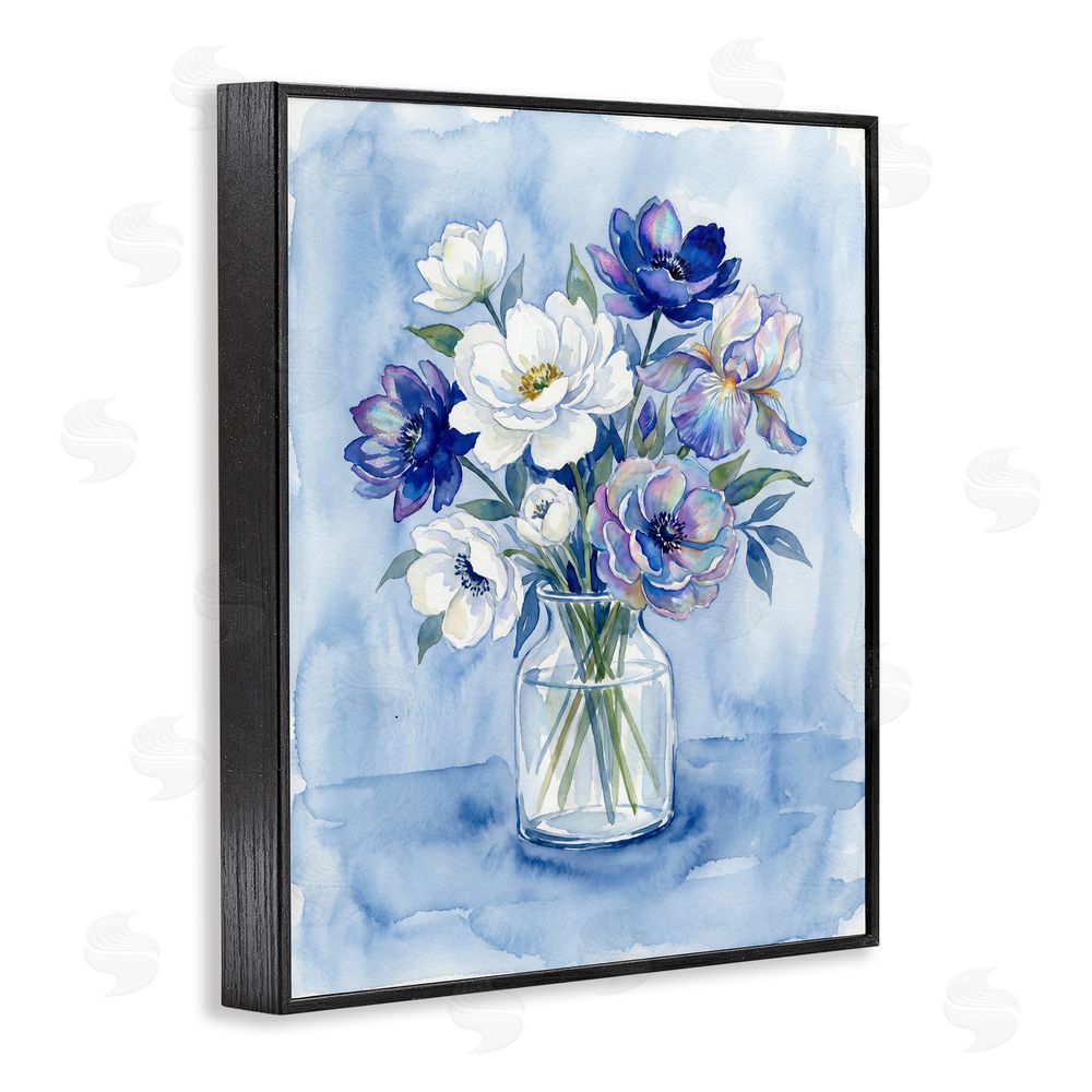 Imagine It Images Blue & White Arrangement of Flowers Black Framed Giclee Wall Art Print