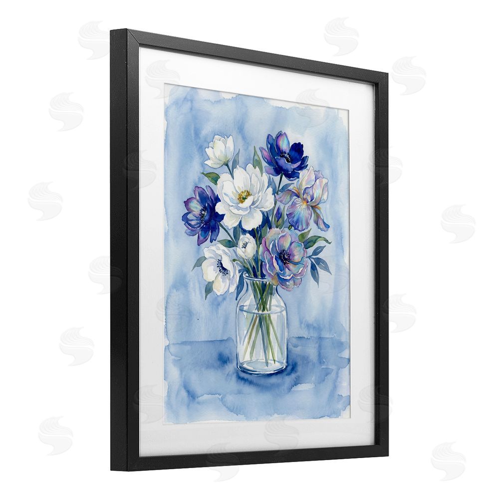 Imagine It Images Blue & White Arrangement of Flowers Black Framed Print Under Glass Wall Art