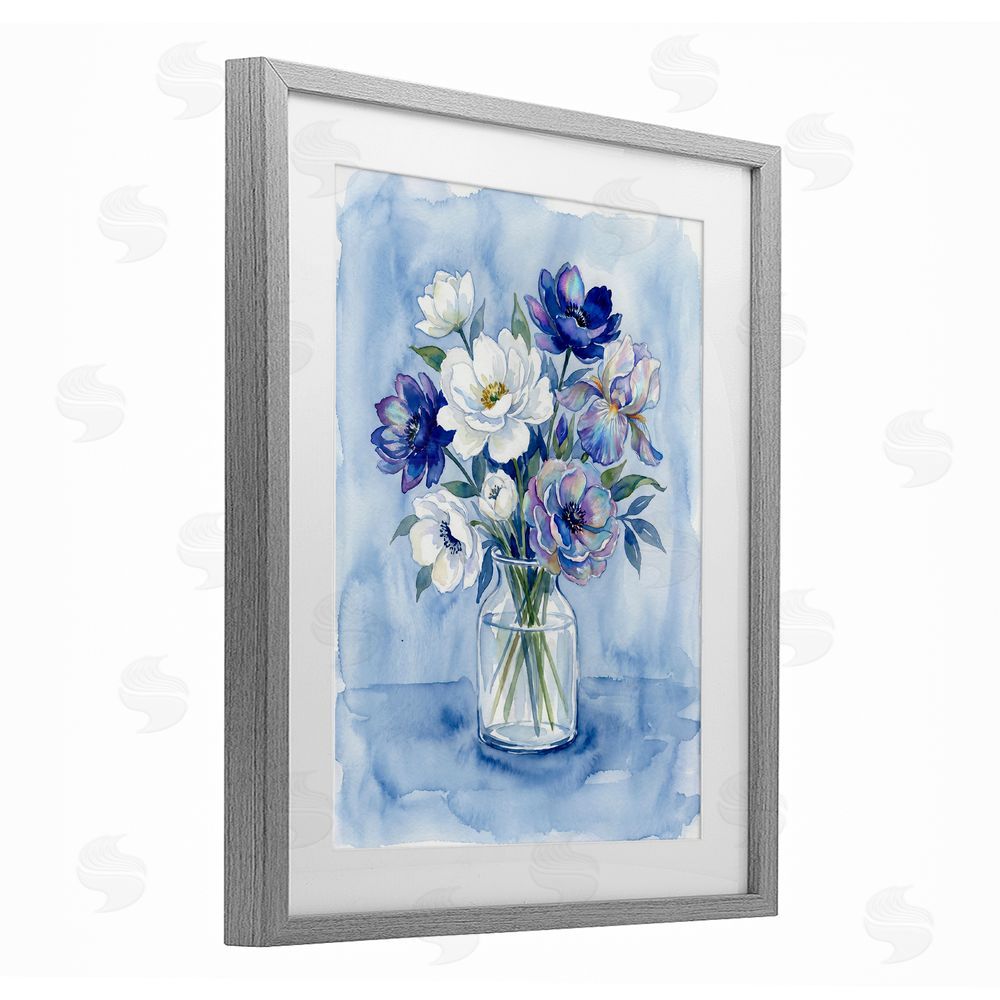 Imagine It Images Blue & White Arrangement of Flowers Gray Framed Print Under Glass Wall Art