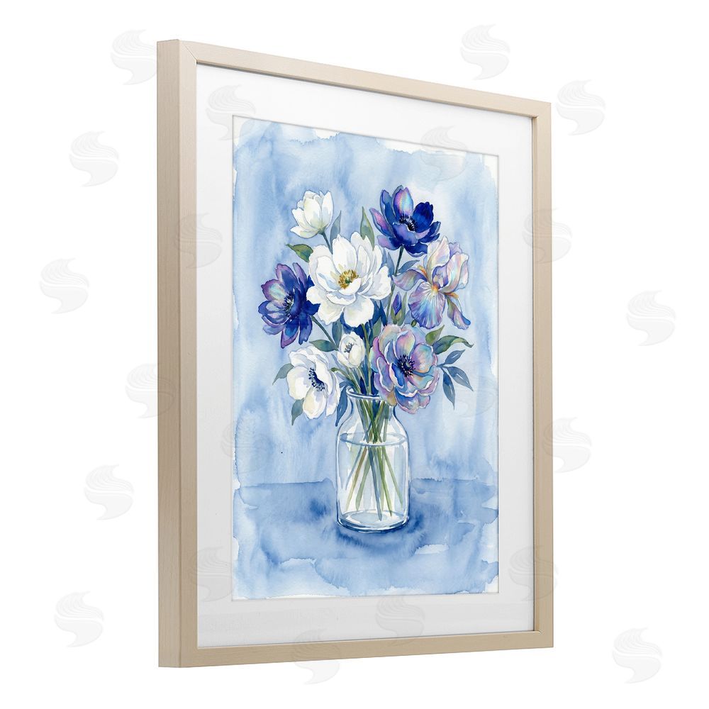 Imagine It Images Blue & White Arrangement of Flowers Brown Framed Print Under Glass Wall Art