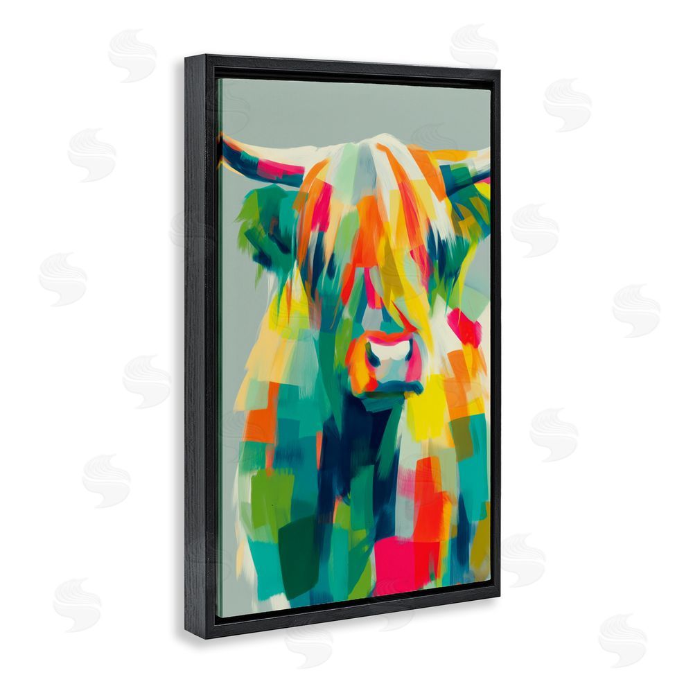 Chromatic Storm Studio Highland Cow Abstract Patchwork Black Floating Framed Canvas Wall Art