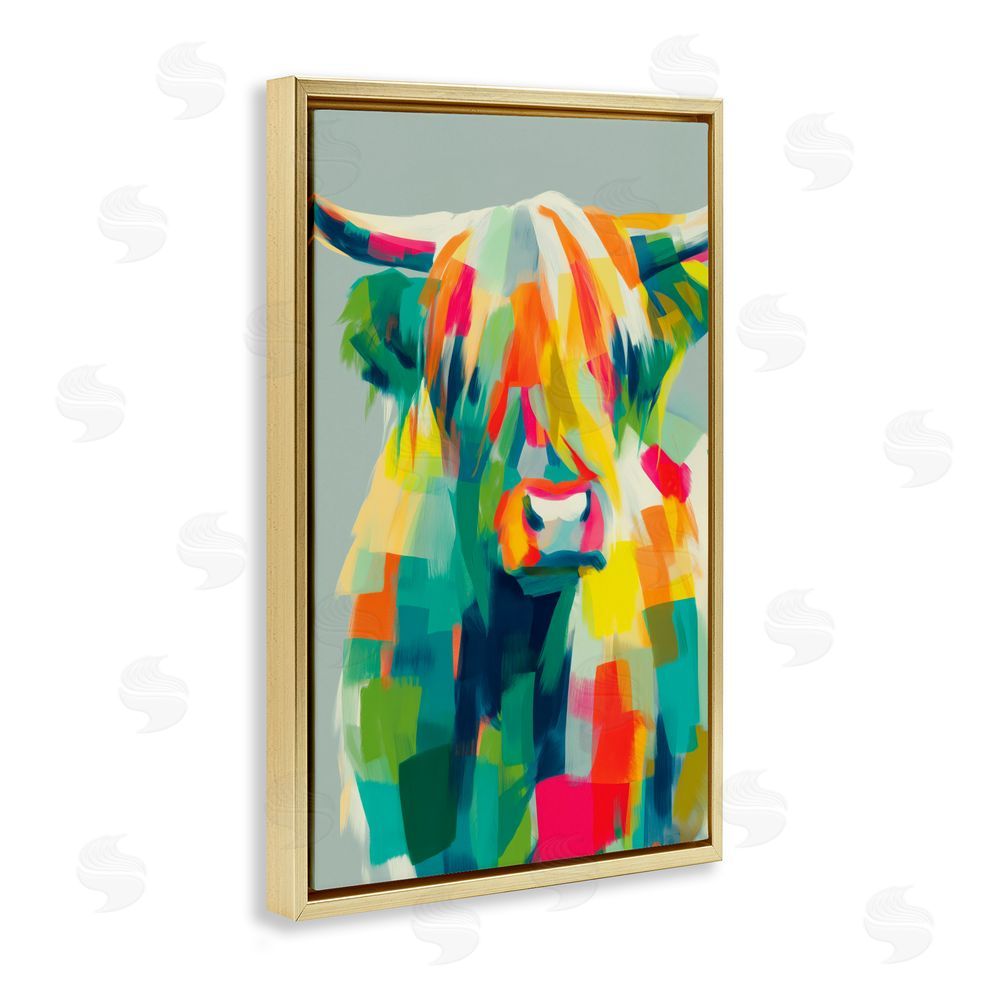 Chromatic Storm Studio Highland Cow Abstract Patchwork Gold Floating Framed Canvas Wall Art
