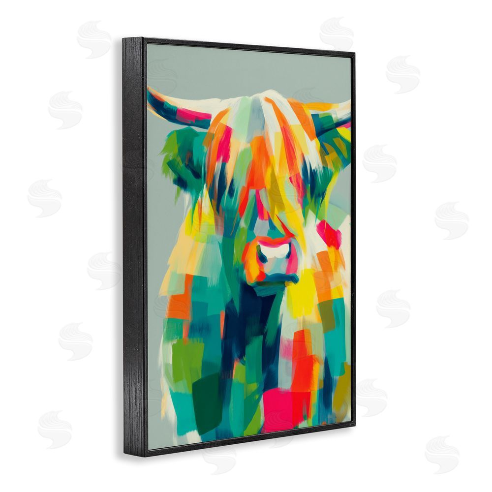 Chromatic Storm Studio Highland Cow Abstract Patchwork Black Framed Giclee Wall Art