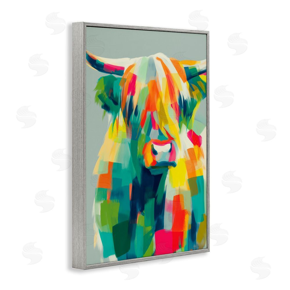 Chromatic Storm Studio Highland Cow Abstract Patchwork Gray Framed Giclee Wall Art