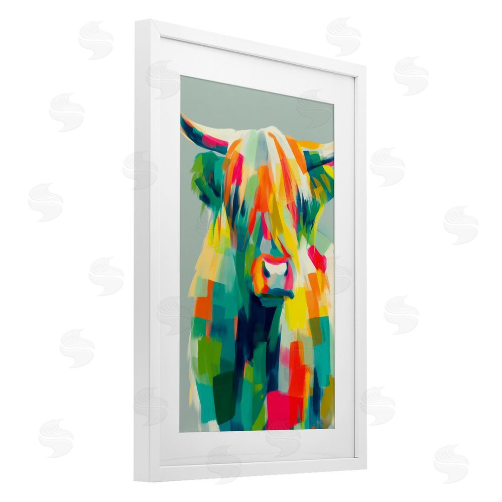 Chromatic Storm Studio Highland Cow Abstract Patchwork White Framed Print Under Glass Wall Art