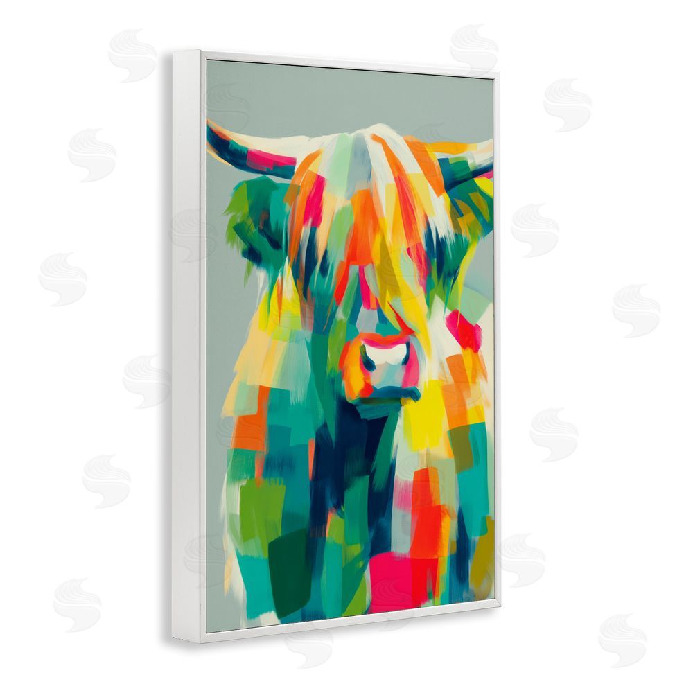 Chromatic Storm Studio Highland Cow Abstract Patchwork White Framed Giclee Wall Art