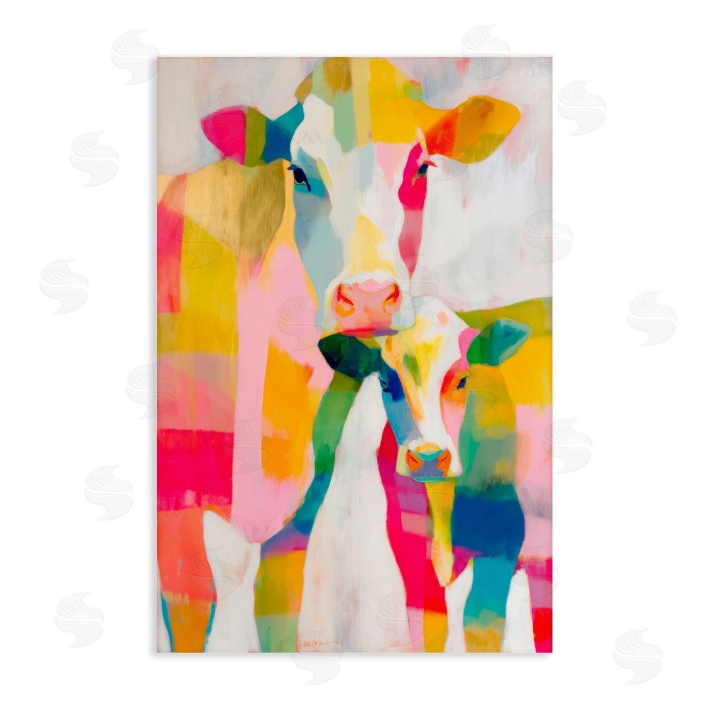 Chromatic Storm Studio Cow Family in Cubist Abstract Stretched Canvas Wall Art