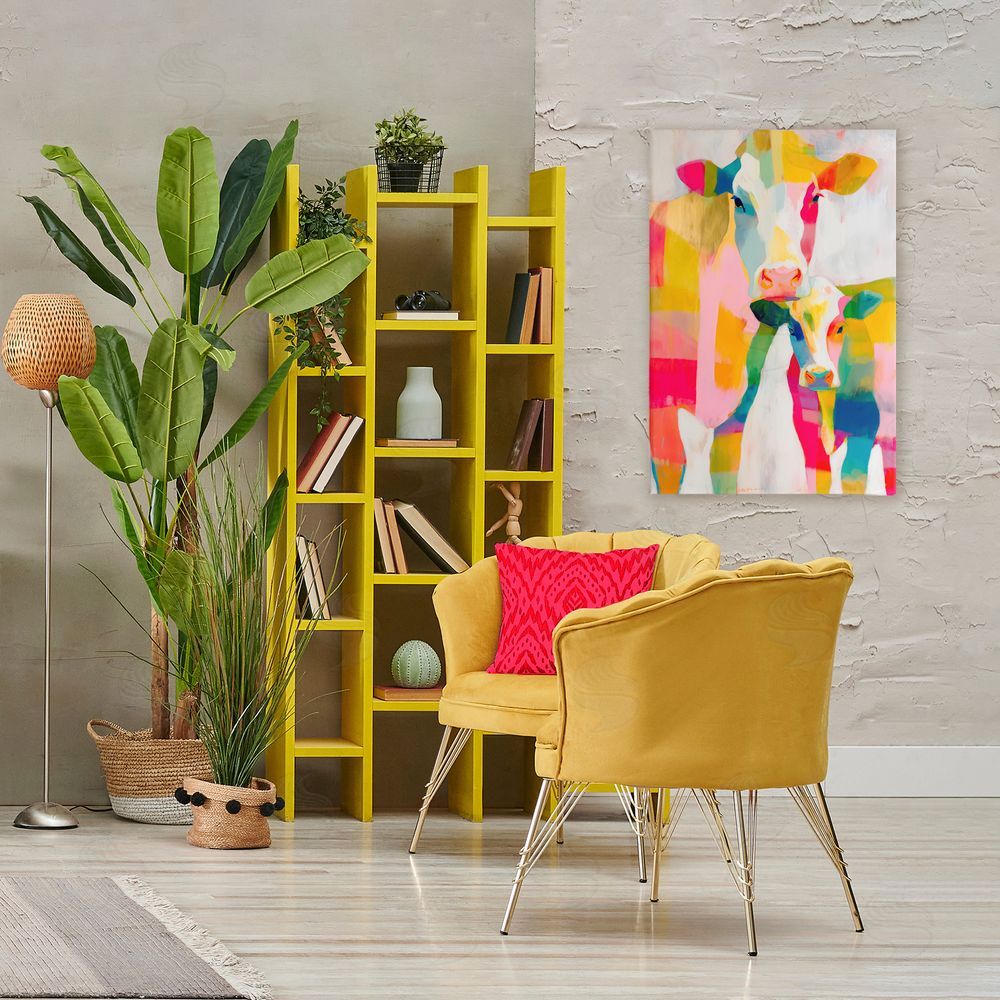 Chromatic Storm Studio Cow Family in Cubist Abstract Stretched Canvas Wall Art in Room