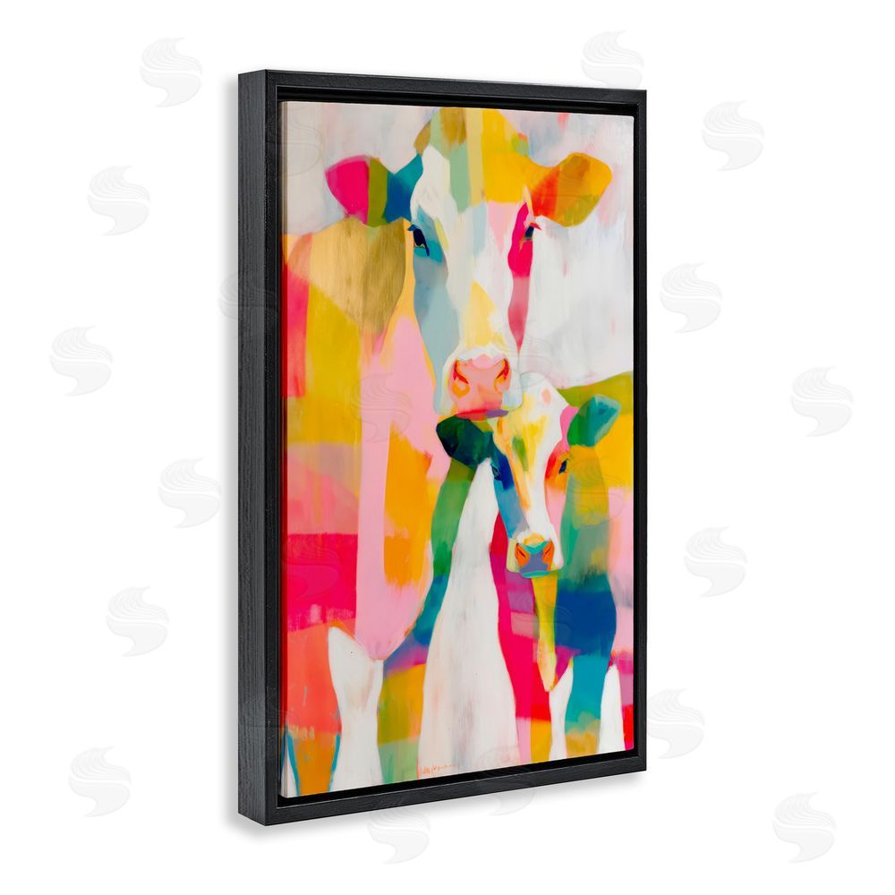 Chromatic Storm Studio Cow Family in Cubist Abstract Black Floating Frame Canvas Wall Art Print