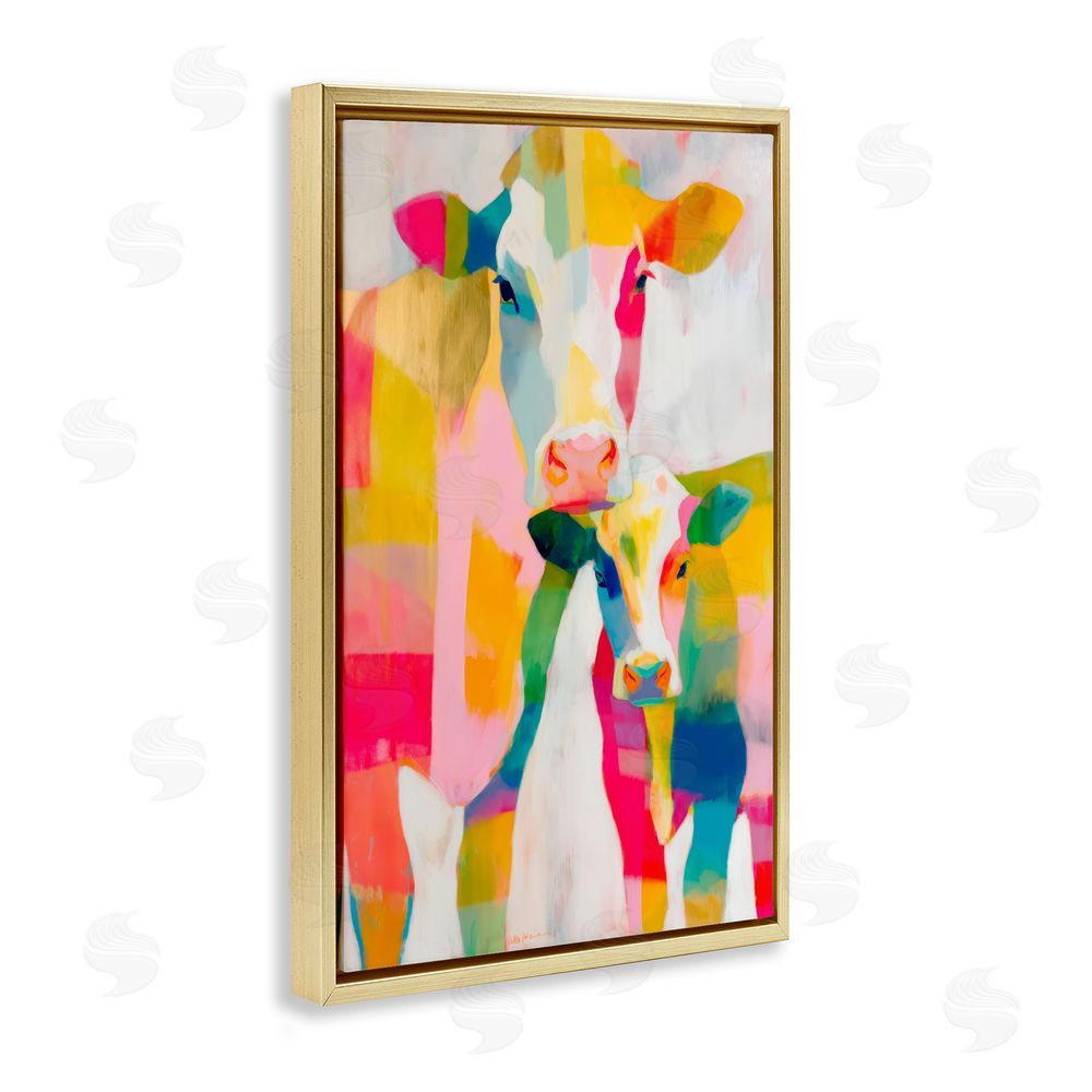 Chromatic Storm Studio Cow Family in Cubist Abstract Gold Floating Frame Canvas Wall Art Print