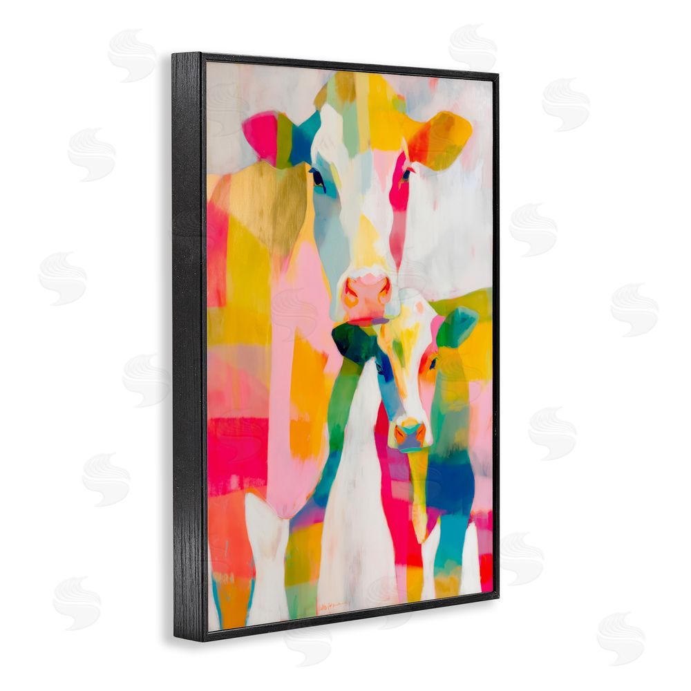 Chromatic Storm Studio Cow Family in Cubist Abstract Black Framed Giclee Wall Art Print