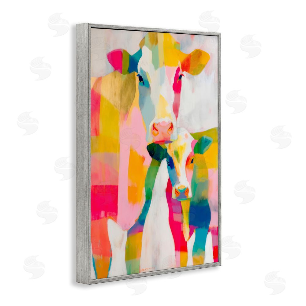 Chromatic Storm Studio Cow Family in Cubist Abstract Gray Framed Giclee Wall Art Print
