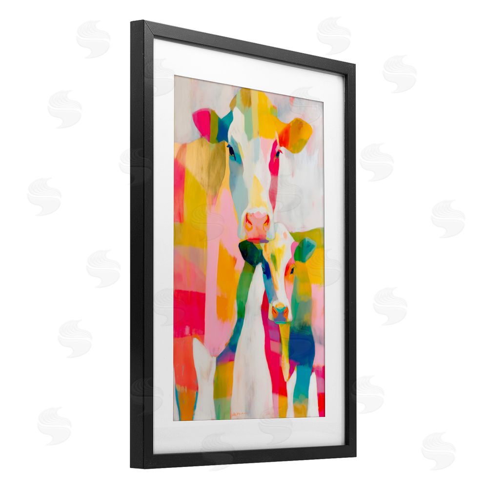 Chromatic Storm Studio Cow Family in Cubist Abstract Black Framed Print Under Glass Wall Art