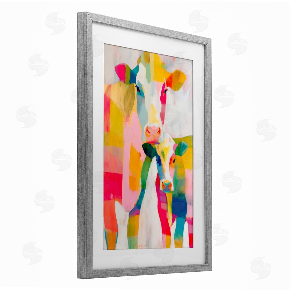 Chromatic Storm Studio Cow Family in Cubist Abstract Gray Framed Print Under Glass Wall Art