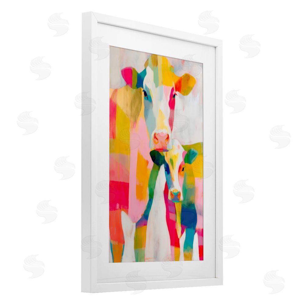 Chromatic Storm Studio Cow Family in Cubist Abstract White Framed Print Under Glass Wall Art