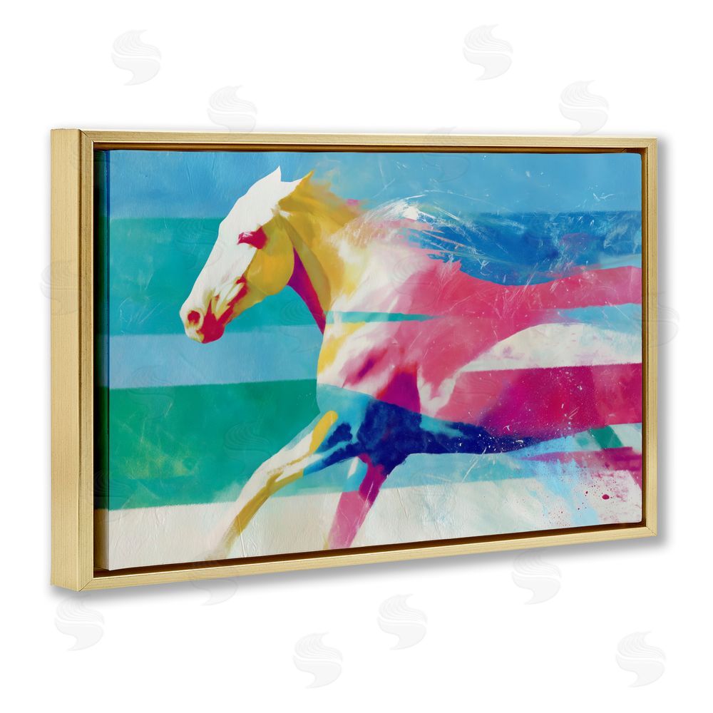 Chromatic Storm Studio Abstract Horse In Stripes Gold Floating Frame Stretched Canvas Wall Art Print