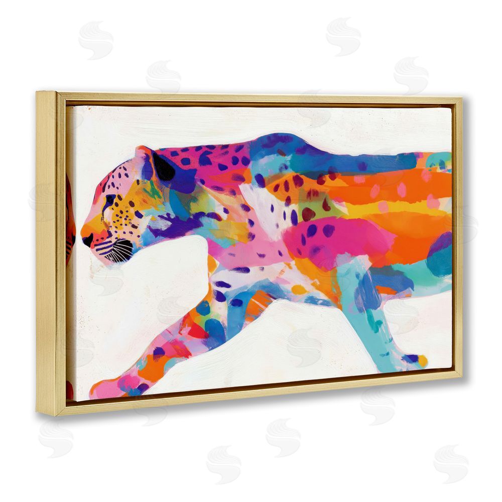 Chromatic Storm Studio Vibrant Hued Cheetah In Motion Gold Floating Framed Canvas Wall Art Print