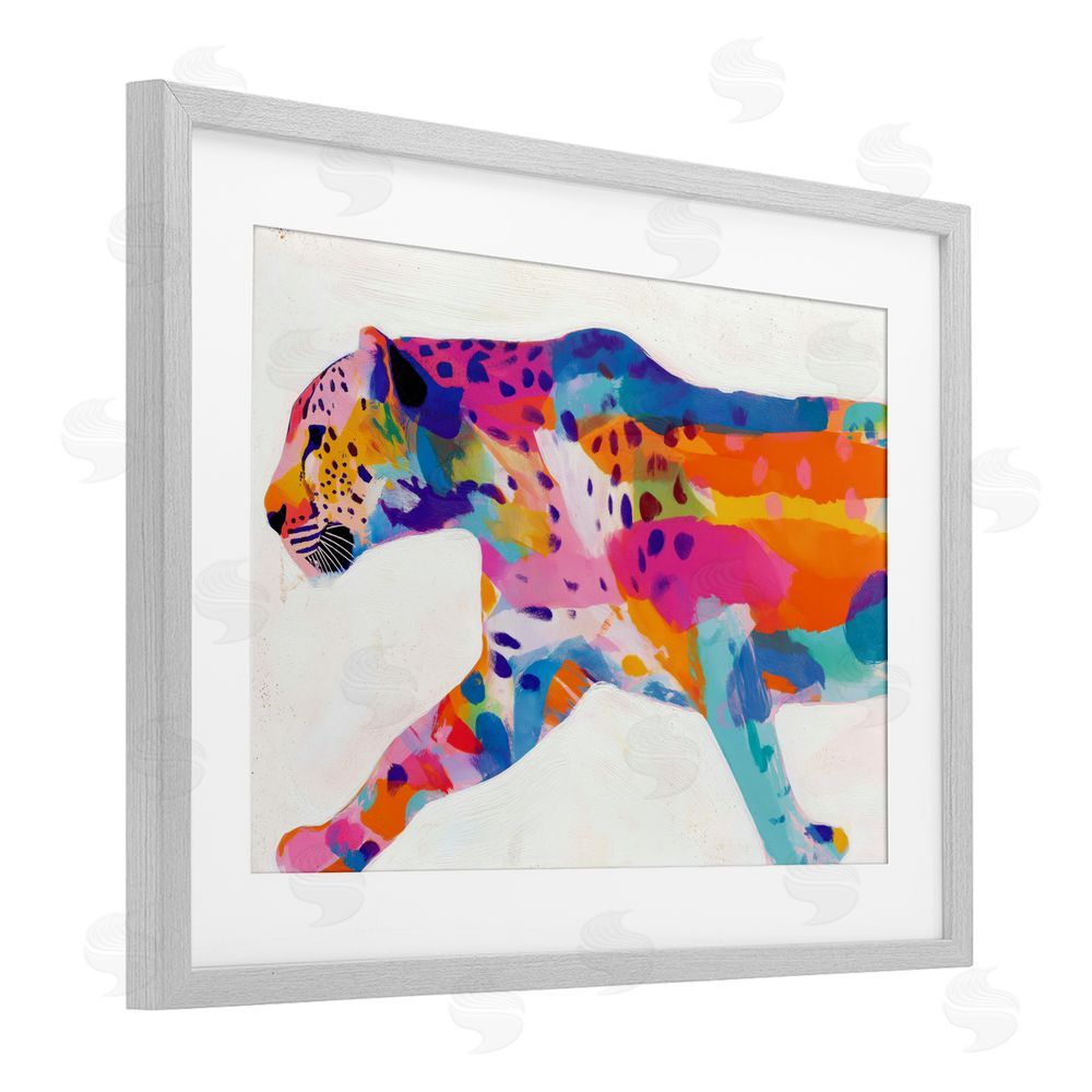 Chromatic Storm Studio Vibrant Hued Cheetah In Motion Gray Framed Print Under Glass with White Mat Wall Art