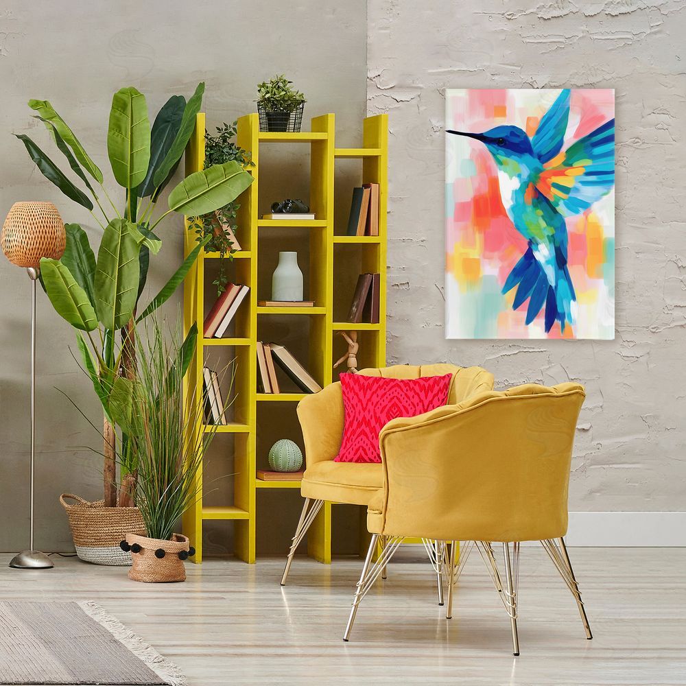Chromatic Storm Studio Blue Hummingbird in Flight Stretched Canvas Wall Art Print in Room