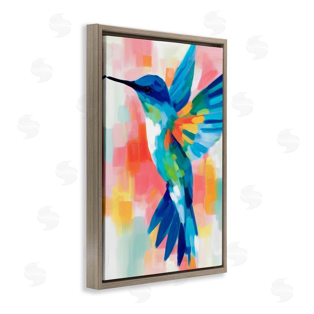 Chromatic Storm Studio Blue Hummingbird in Flight Brown Floating Frame Stretched Canvas Wall Art Print