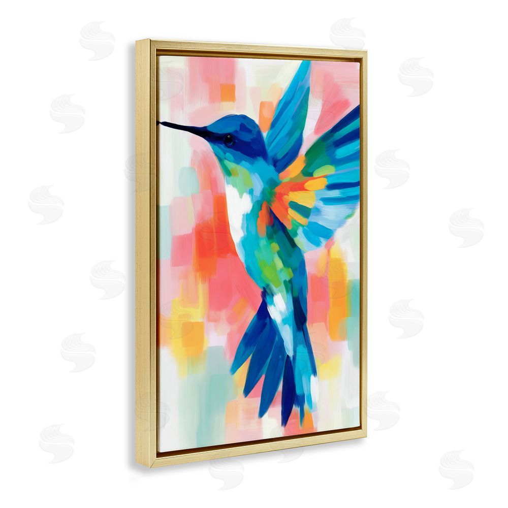 Chromatic Storm Studio Blue Hummingbird in Flight Gold Floating Frame Stretched Canvas Wall Art Print