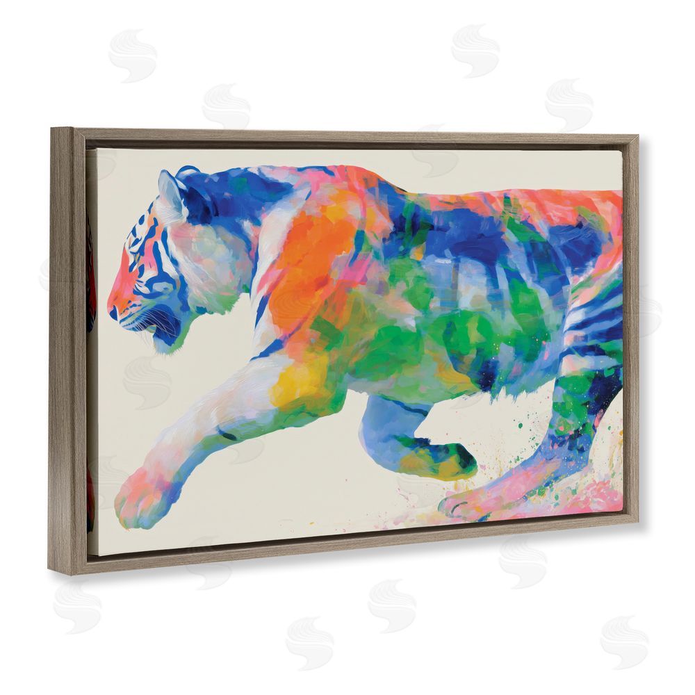 Chromatic Storm Studio Colorful Tiger In Motion Brown Floating Frame Canvas Wall Art Print