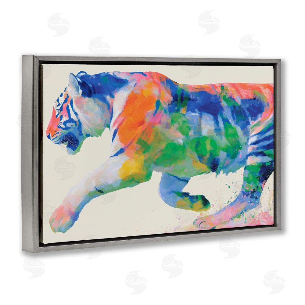 Chromatic Storm Studio Colorful Tiger In Motion Gray Floating Frame Canvas Wall Art Print