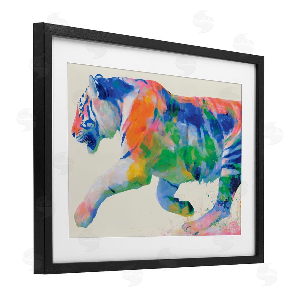 Chromatic Storm Studio Colorful Tiger In Motion Black Framed Print Under Glass Wall Art