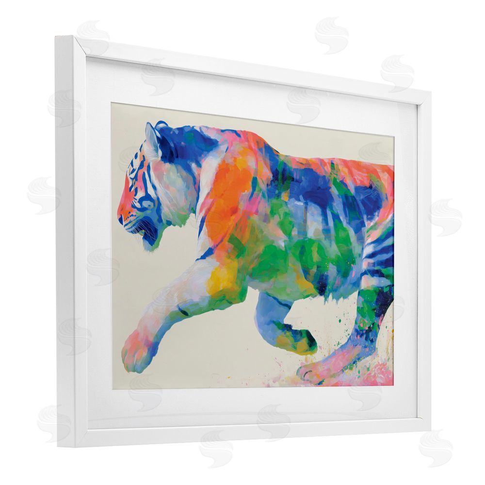 Chromatic Storm Studio Colorful Tiger In Motion White Framed Print Under Glass Wall Art