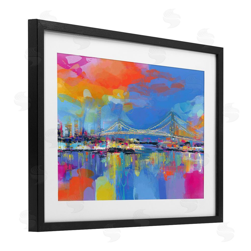 Chromatic Storm Studio Bay Bridge Aglow at Sunrise Black Framed Print Under Glass with Matting Wall Art
