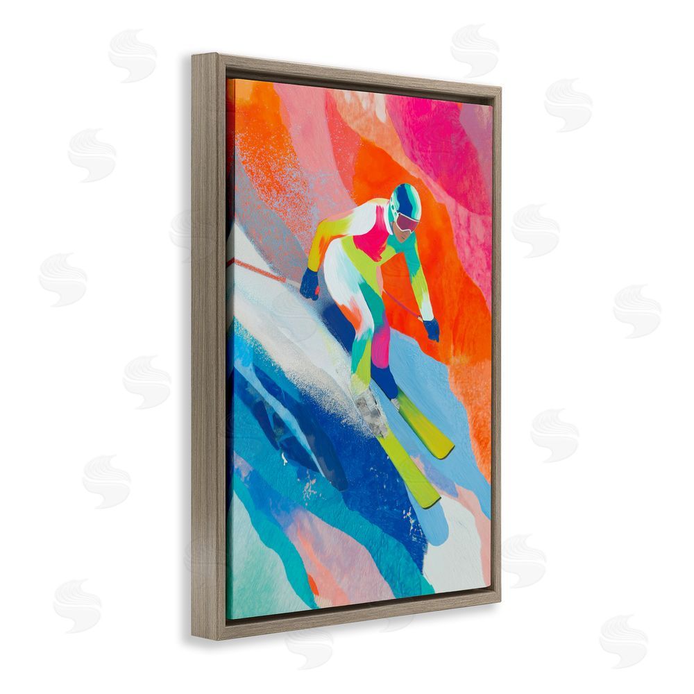 Chromatic Storm Studio Skiing Down Neon Slopes Brown Floating Framed Canvas Wall Art Print