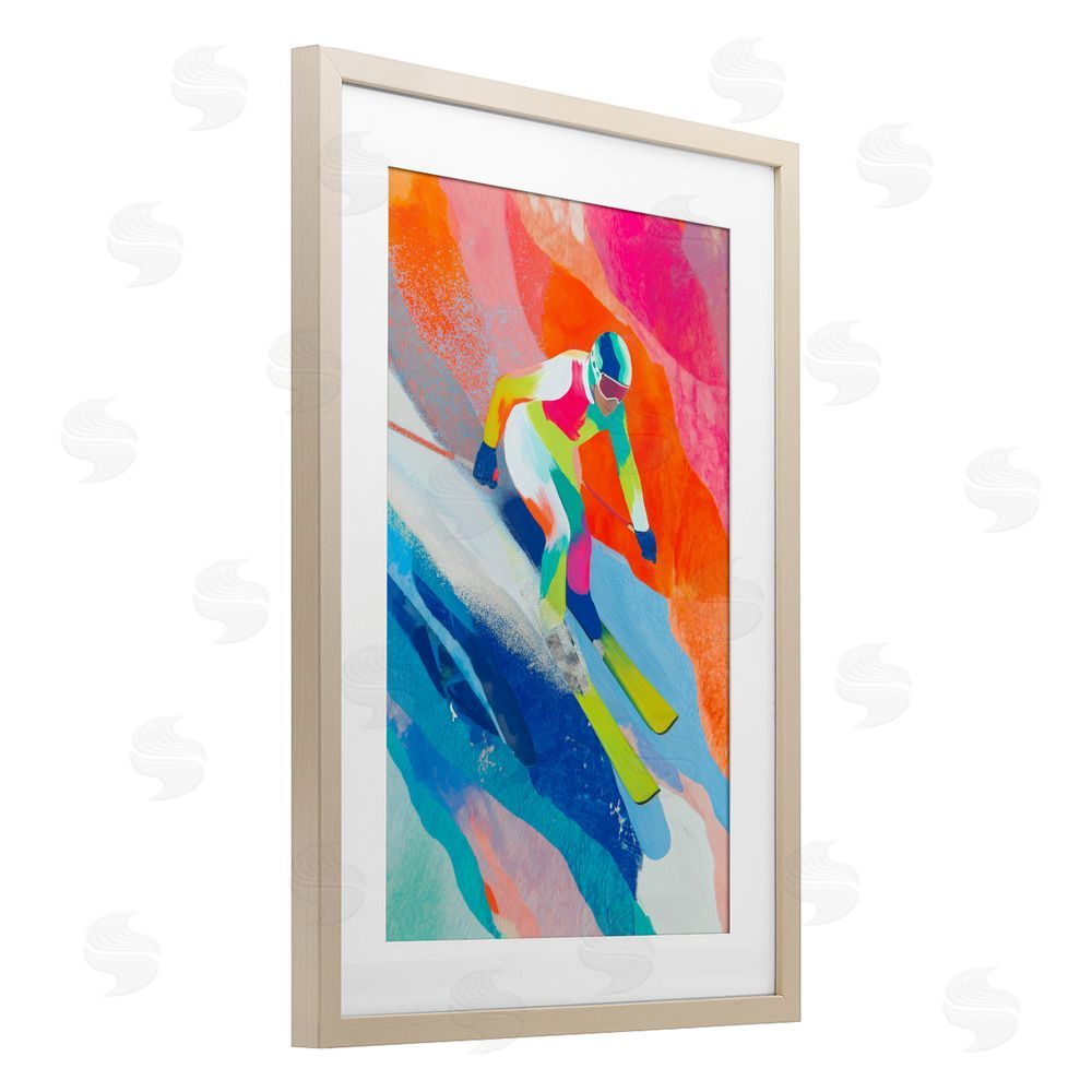 Chromatic Storm Studio Skiing Down Neon Slopes Brown Framed Print Under Glass with White Mat Wall Art