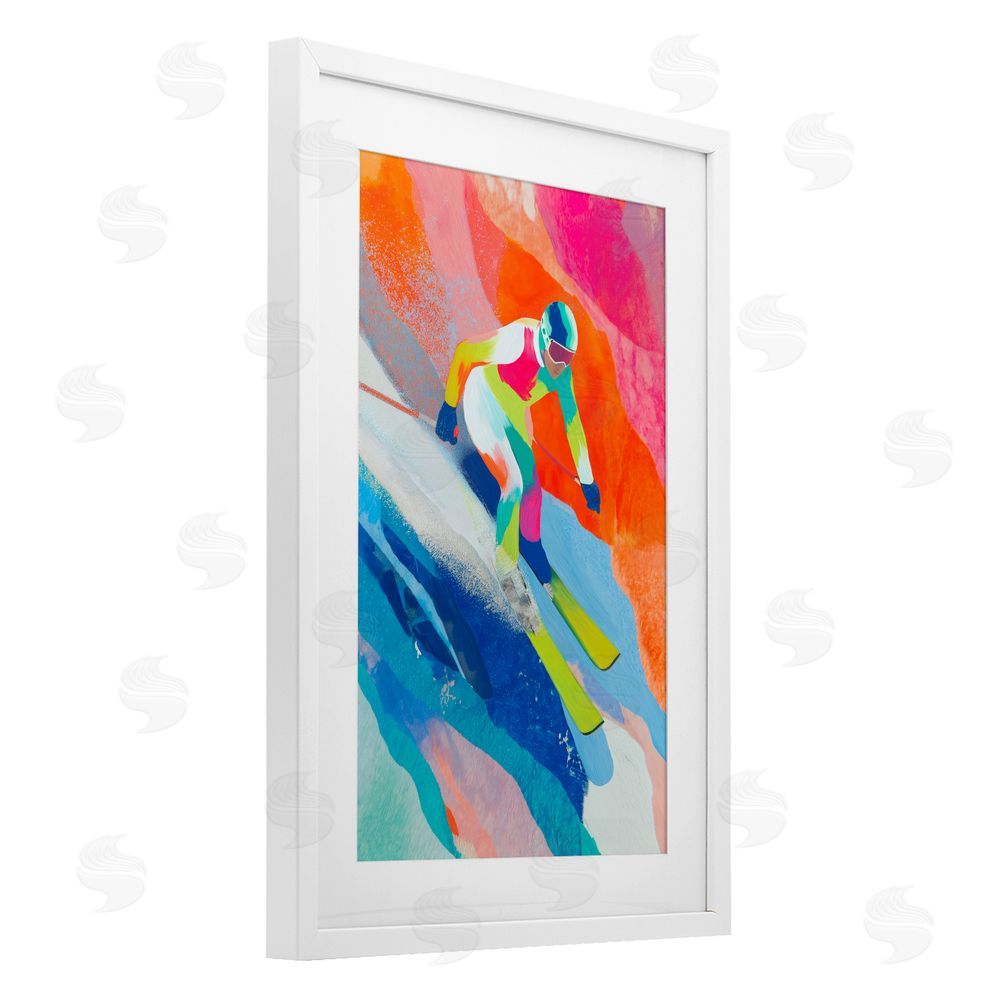 Chromatic Storm Studio Skiing Down Neon Slopes White Framed Print Under Glass with White Mat Wall Art