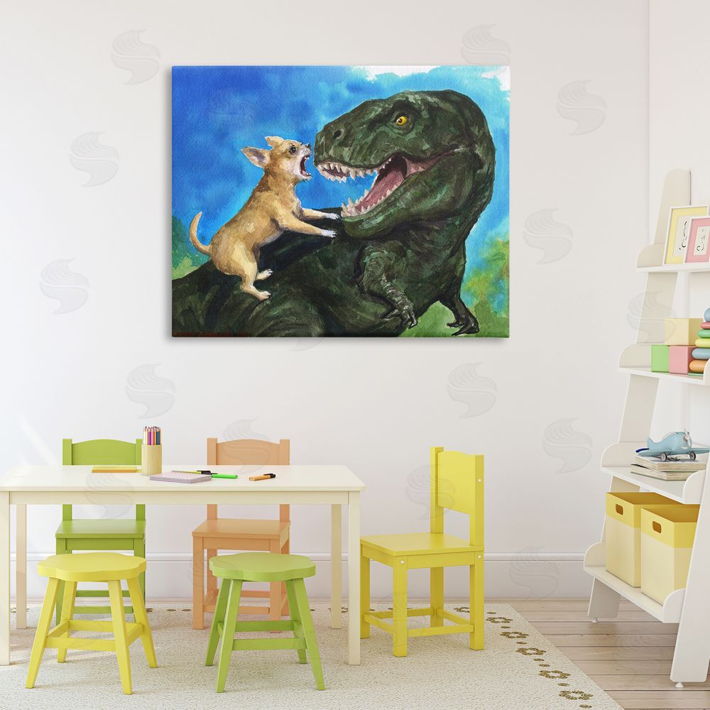George Dyachenko Chihuahua Vs T-Rex Battle Stretched Canvas Wall Art in Room