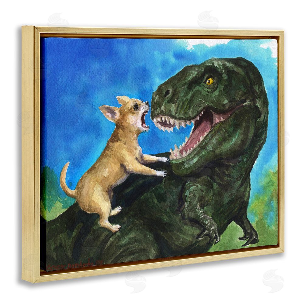 George Dyachenko Chihuahua Vs T-Rex Battle Gold Floating Frame Canvas Wall Art Print