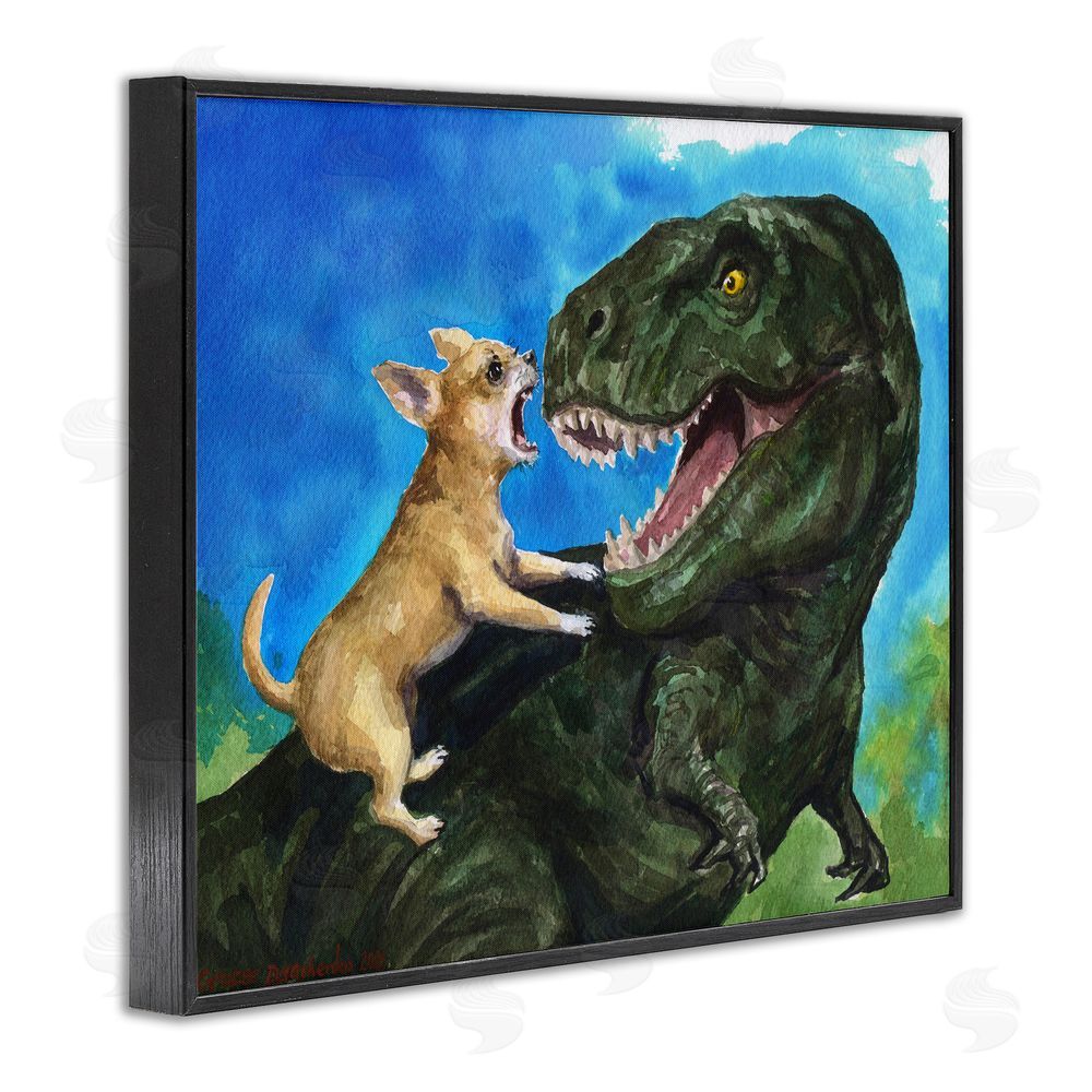 George Dyachenko Chihuahua Vs T-Rex Battle Black Framed Giclee Wall Art Print