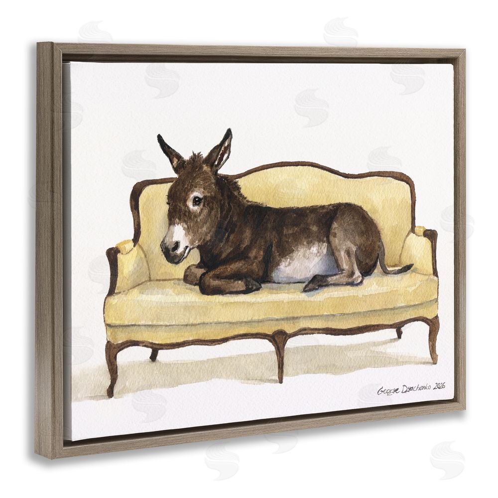 George Dyachenko Baby Donkey on Vintage Couch Brown Floating Frame Canvas Wall Art Print