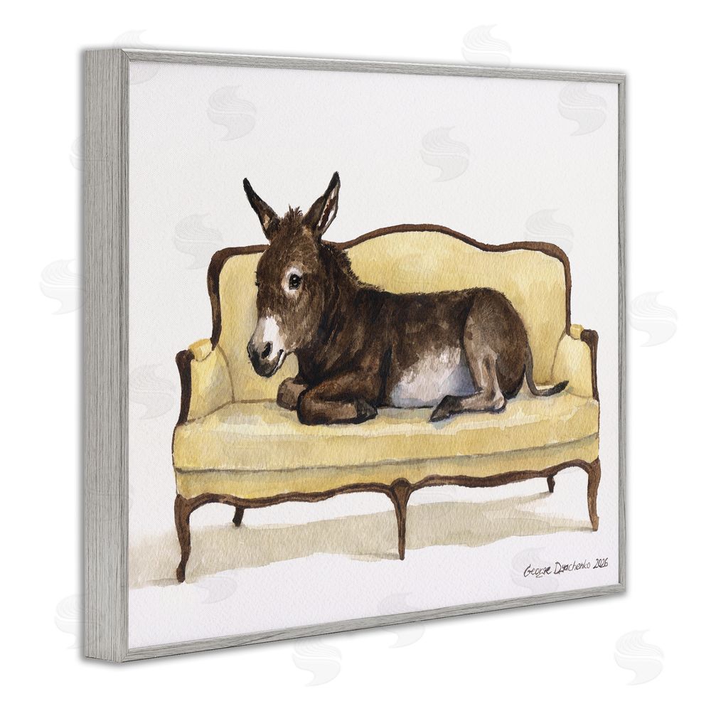 George Dyachenko Baby Donkey on Vintage Couch Gray Framed Giclee Wall Art Print