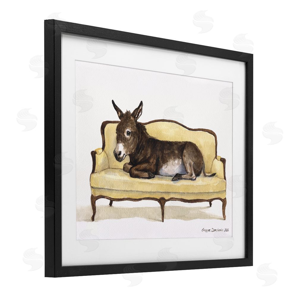 George Dyachenko Baby Donkey on Vintage Couch Black Framed Print Under Glass Wall Art