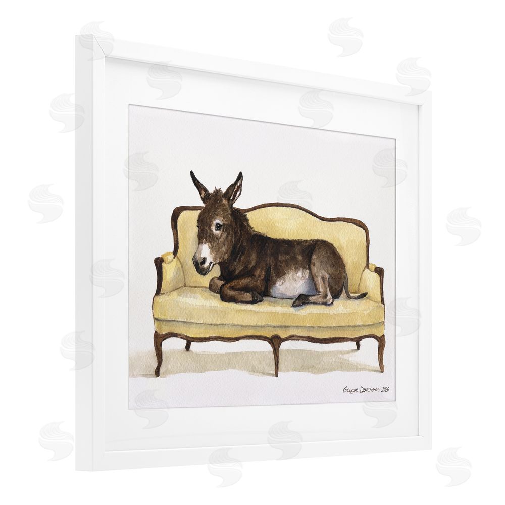George Dyachenko Baby Donkey on Vintage Couch White Framed Print Under Glass Wall Art