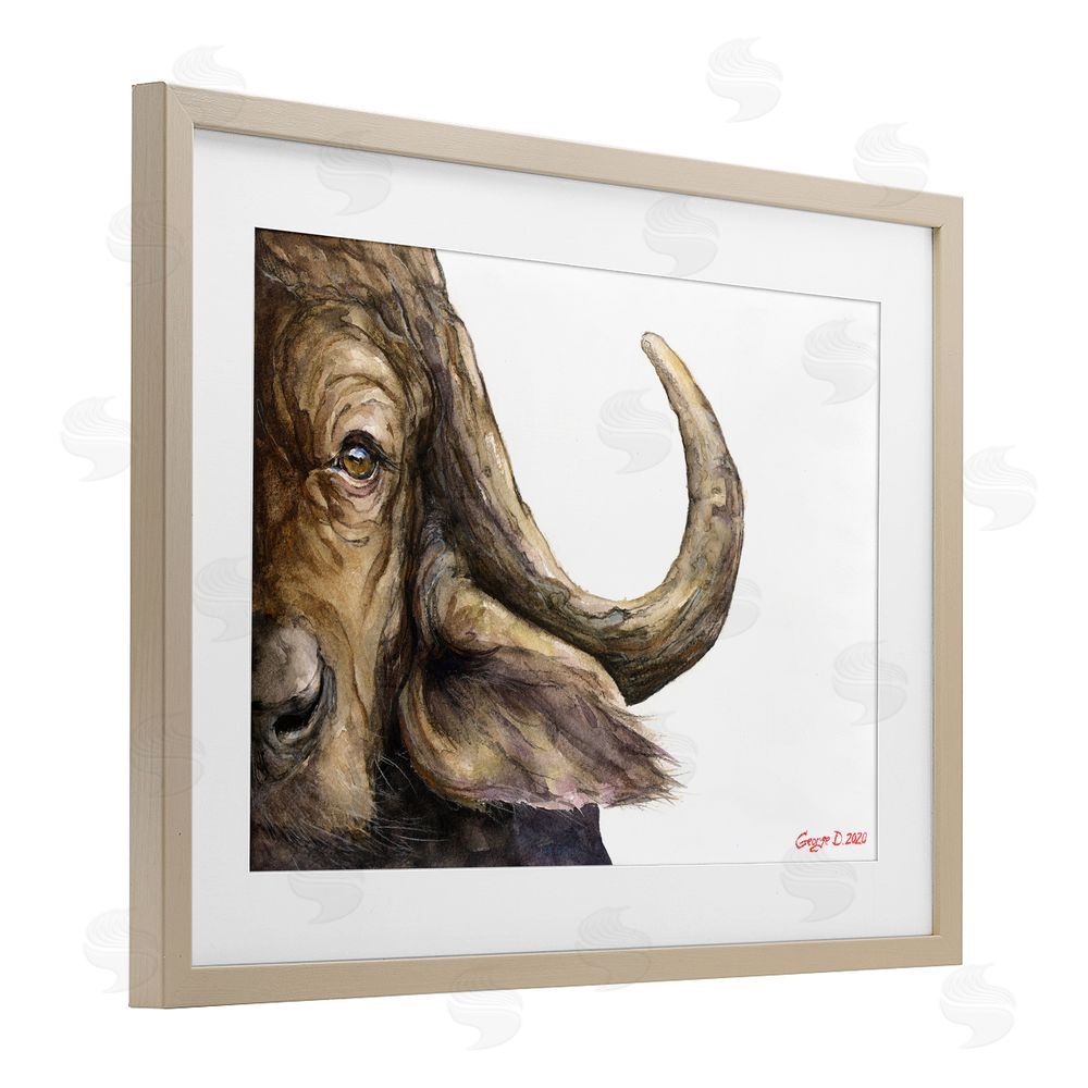 George Dyachenko Buffalo with Curved Horn Brown Framed Print Under Glass Wall Art