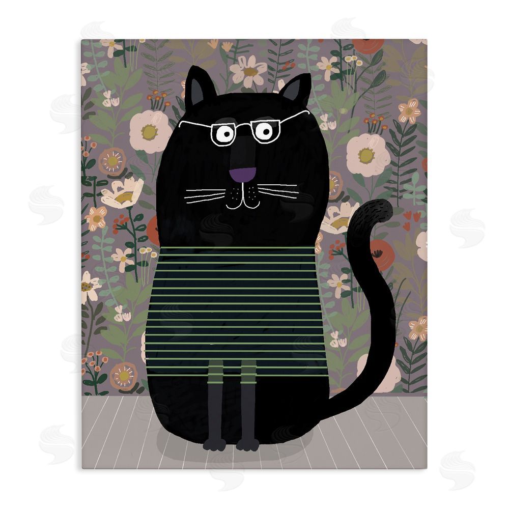 Carla Daly Cat with Stripes & Florals Stretched Canvas Wall Art Print