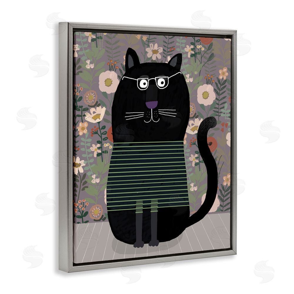 Carla Daly Cat with Stripes & Florals Gray Floating Frame Canvas Wall Art Print