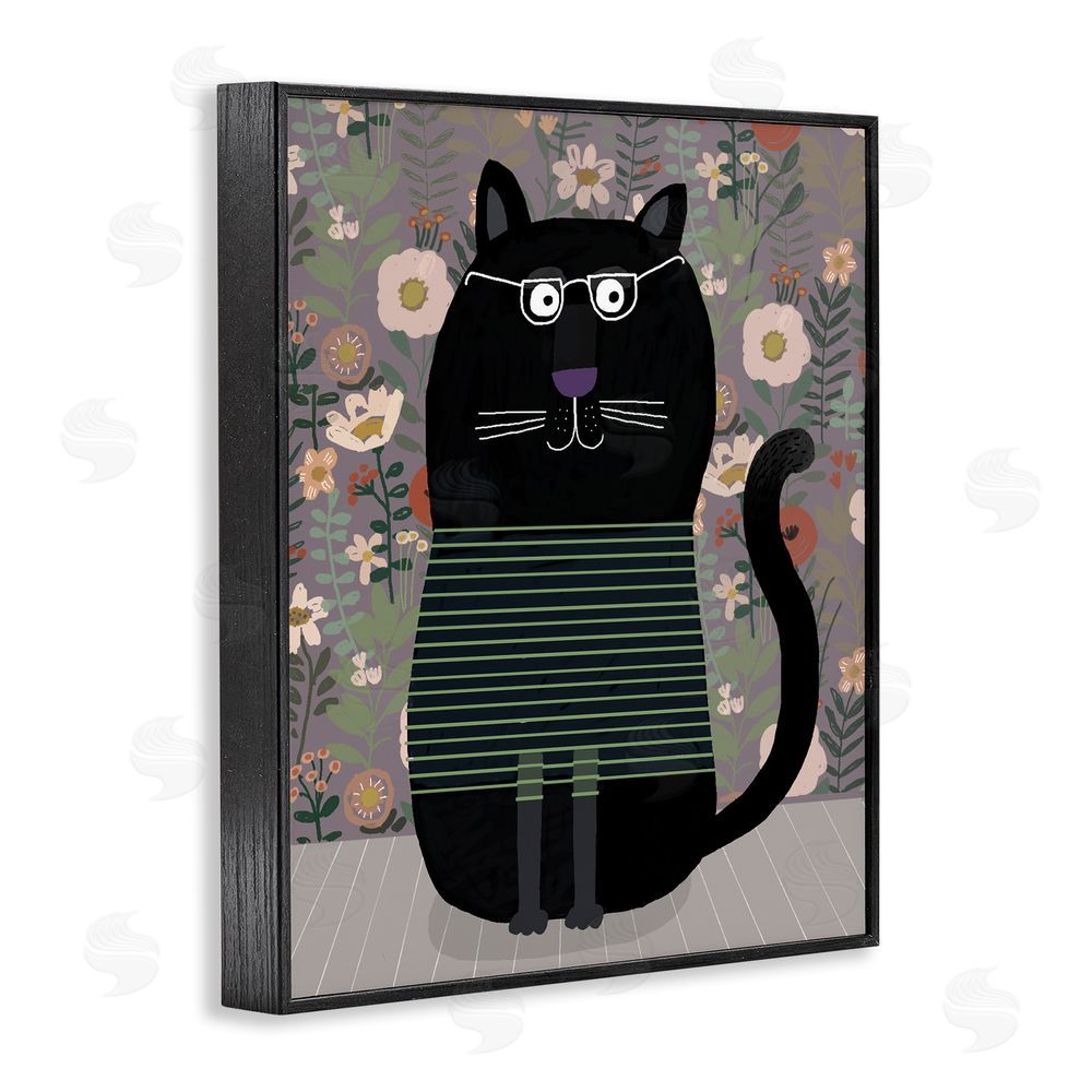 Carla Daly Cat with Stripes & Florals Black Framed Giclee Wall Art Print