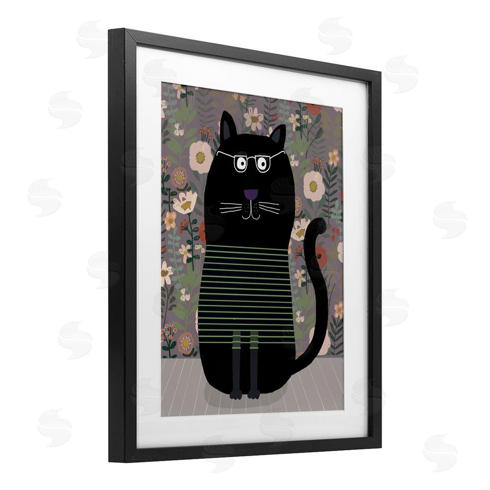 Carla Daly Cat with Stripes & Florals Black Framed Print Under Glass Wall Art