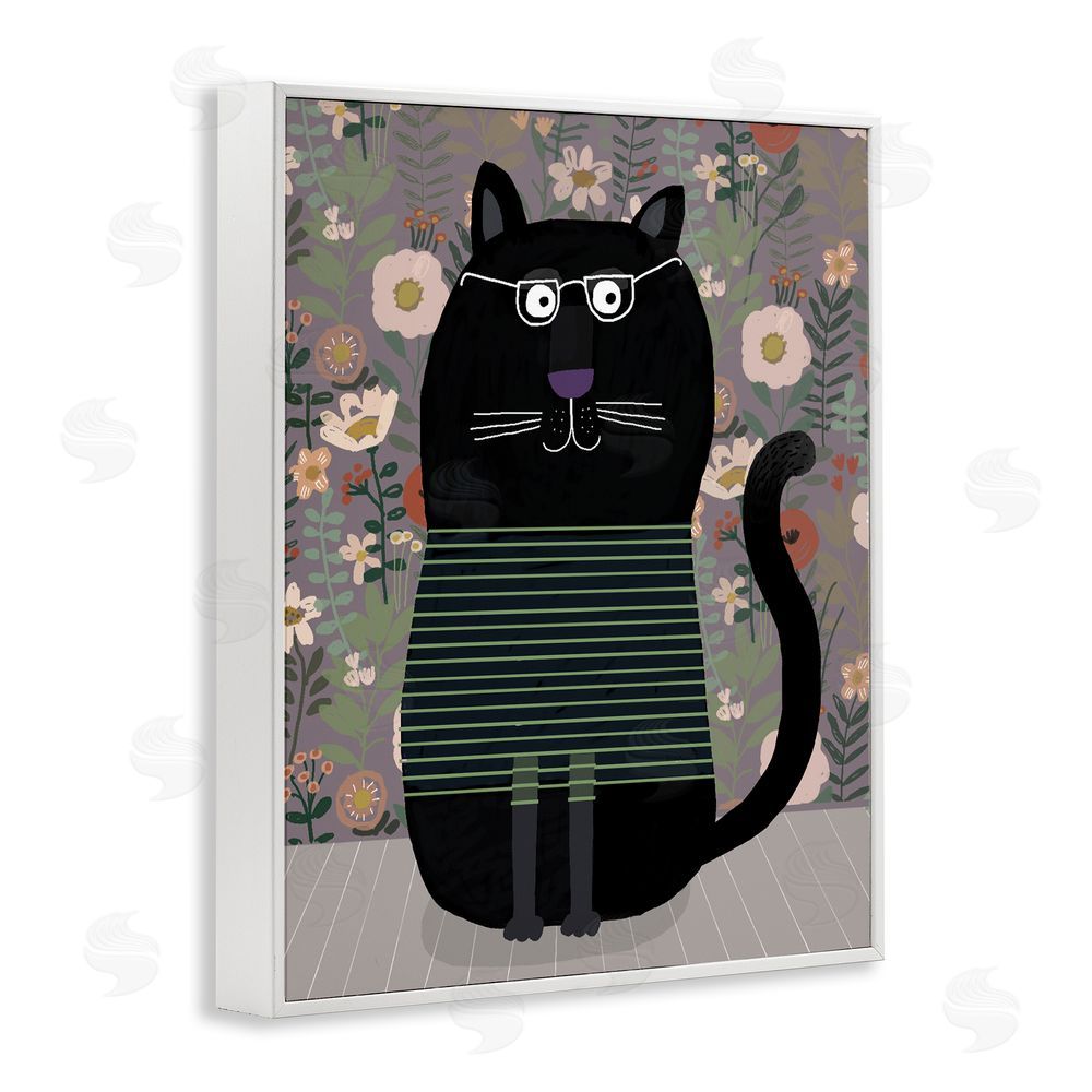 Carla Daly Cat with Stripes & Florals White Framed Giclee Wall Art Print