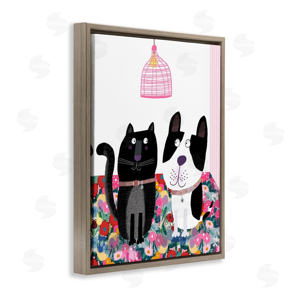 Carla Daly Cat & Dog with Eclectic Florals Brown Floating Frame Canvas Wall Art Print